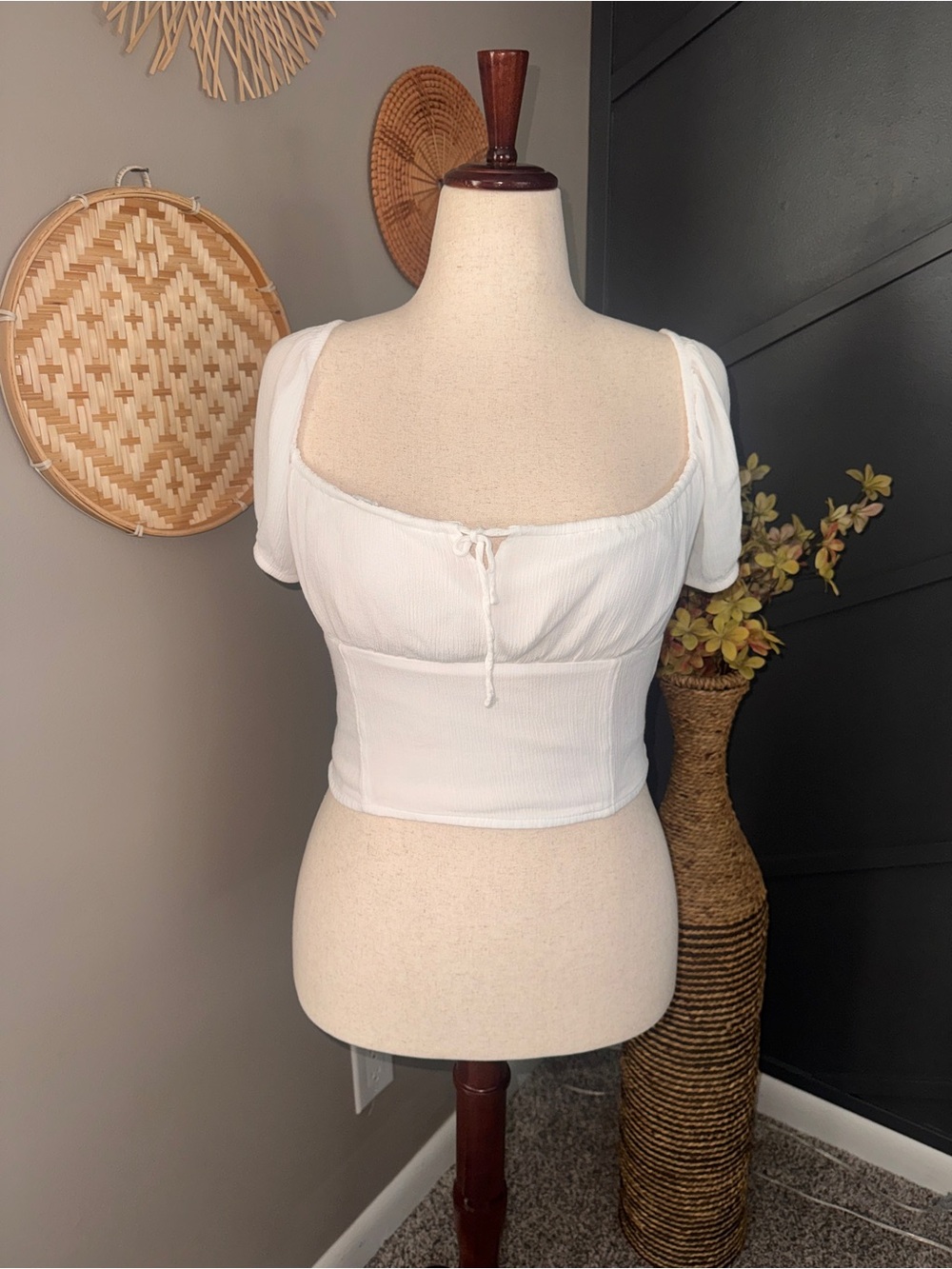 Hollister white crop pheasant top puff sleeve cottagecore boho smocked back